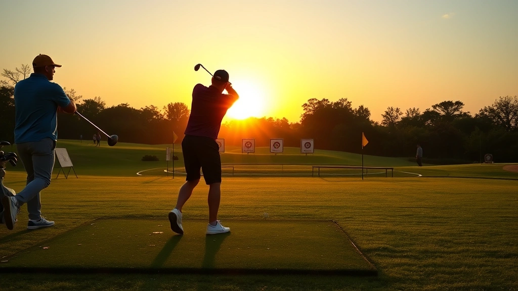 Golf practice range with multiple players hitting balls during golden hour, targets in distance, lush grass, professional facility setup