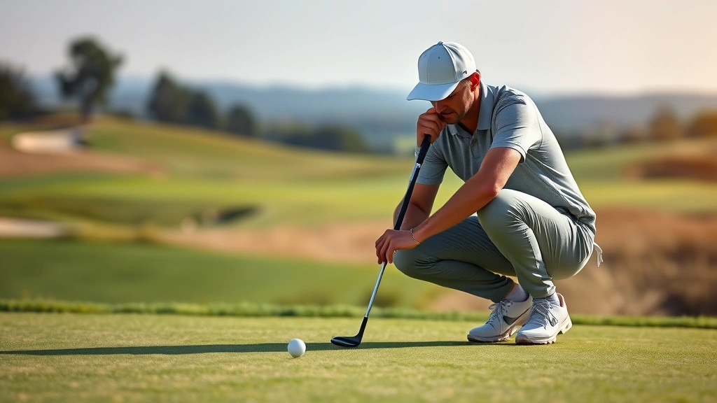 Golfer reading putting green with focused concentration, bent posture analyzing breaks, golf course landscape in background, natural outdoor lighting