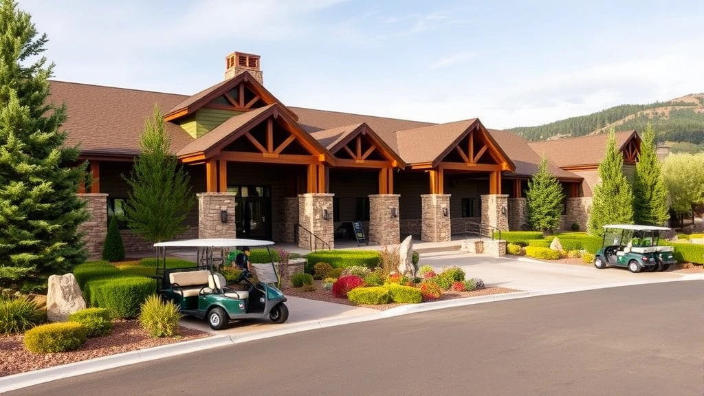 Clubhouse exterior with manicured landscaping, golf carts parked nearby, members entering facility, welcoming architectural design, Colorado setting