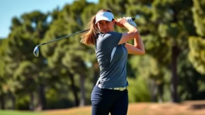 A woman in athletic wear performing a golf swing on a sunny course with trees in background, demonstrating proper form and balance during the follow-through phase of the swing