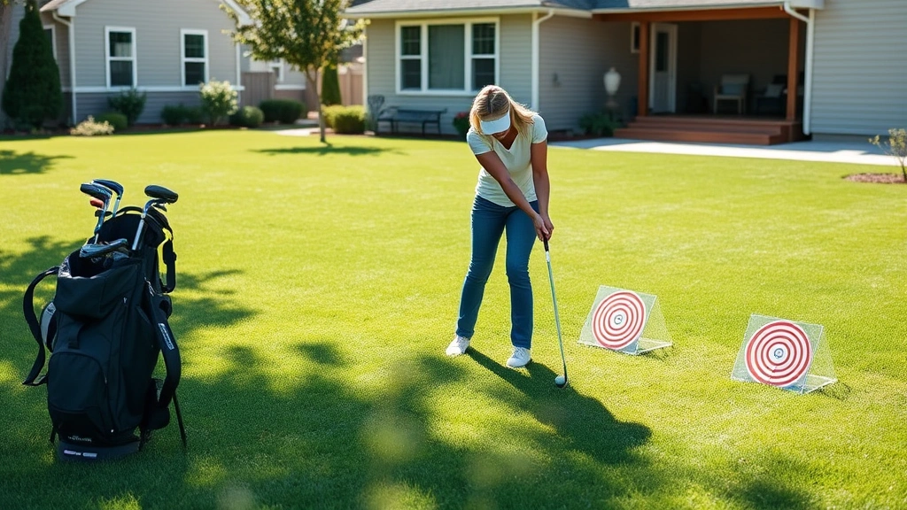 Stay-at-home mom practicing short game shots on a residential lawn with chipping targets, showing deliberate practice setup with alignment aids and focused concentration