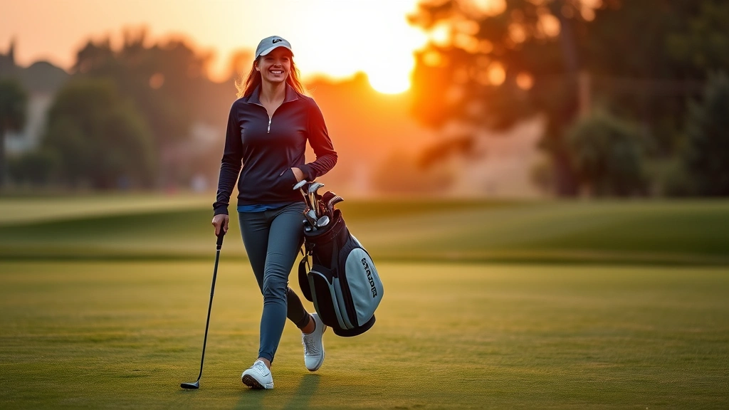 Female golfer walking fairway at sunrise with golf bag and clubs, displaying confidence and joy while enjoying peaceful morning round before family responsibilities begin