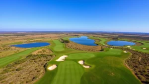 Aerial view of a championship golf course showing fairways, bunkers, and water features with natural landscaping, green grass and clear blue sky
