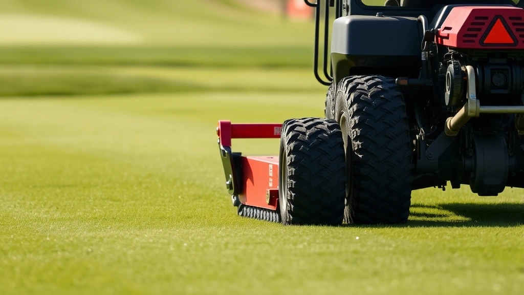 Close-up of golf course maintenance equipment on a perfectly manicured fairway, showing precision turf conditioning and grooming