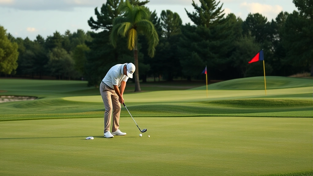 Golfer executing short game shot on practice green at golf facility with manicured turf and multiple pin positions visible