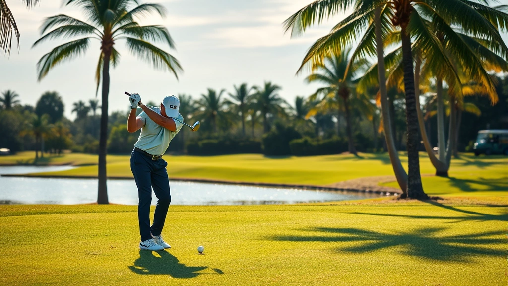Professional golfer executing a precise iron shot on a lush fairway with water hazard visible in background, Florida palm trees framing the scene, warm sunlight creating natural shadows