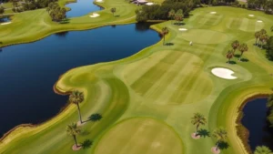 Overhead aerial view of manicured fairway lined with palm trees and water hazards, golfers on distant green, Florida landscape, bright sunny day, professional course photography