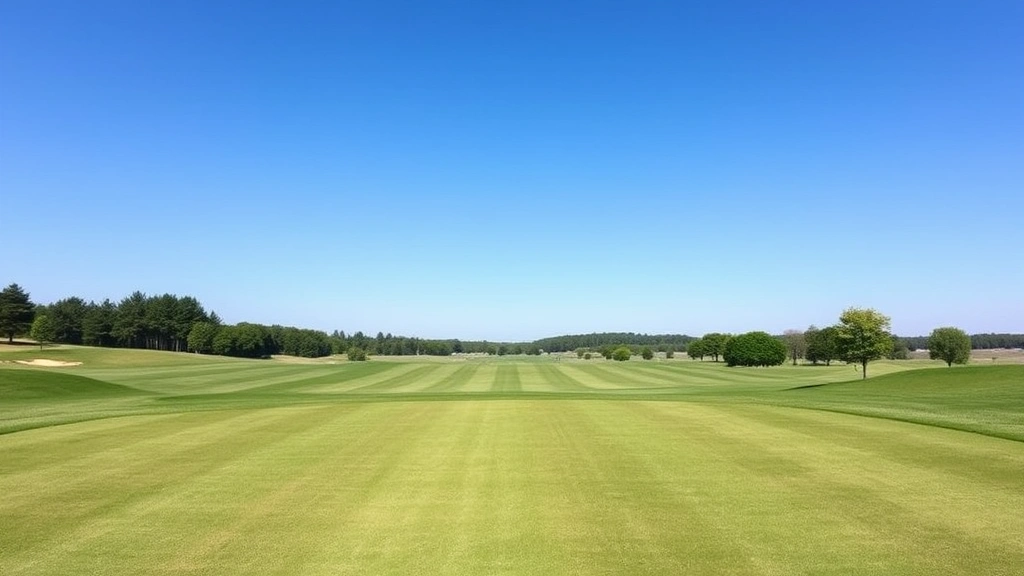 Photorealistic wide-angle view of a well-maintained golf fairway with manicured grass, blue sky, and distant treeline, professional golf course landscape, no text or signage visible