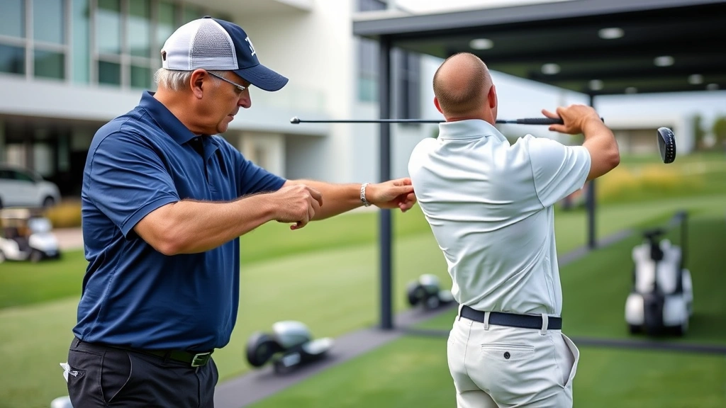 Golfer receiving personalized swing instruction from PGA professional at practice range, instructor pointing to golfer's arm position during follow-through, modern golf facility background