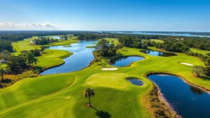 Aerial view of a pristine Florida golf course with lush green fairways, water hazards reflecting sunlight, native palm trees and natural vegetation surrounding the holes, clear blue sky overhead, professional landscape photography