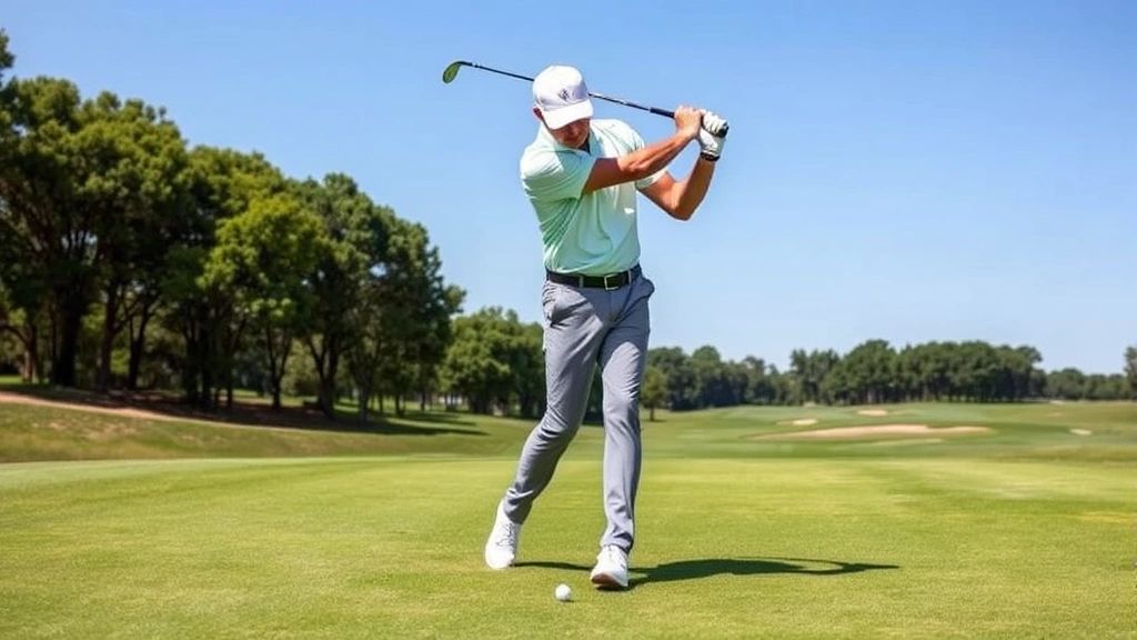 Professional golfer demonstrating proper grip and stance on a sunny golf course fairway, showing correct body positioning and club alignment without text or instruction markers