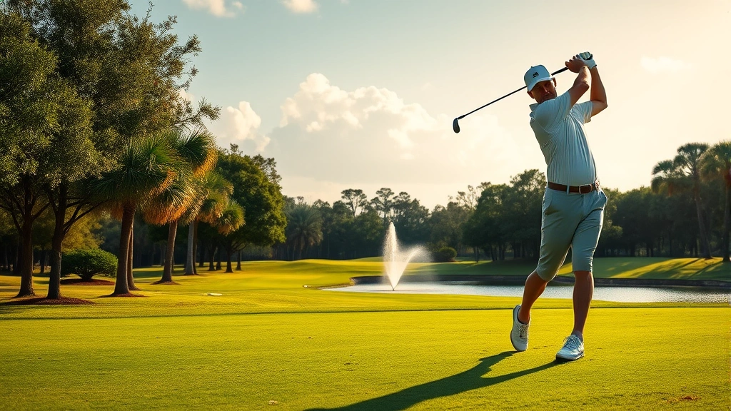 Golfer mid-swing on lush fairway with trees and water feature in background, sunny Florida day, professional form, natural lighting
