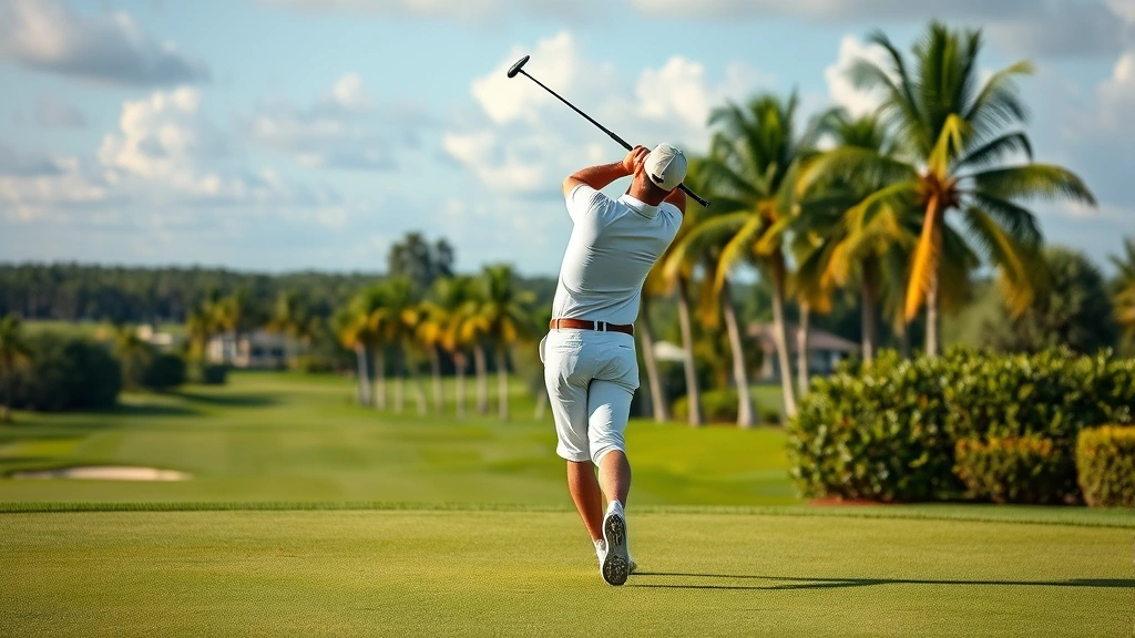 Professional golfer mid-swing on manicured fairway with palm trees and Florida landscape in background, natural daylight, realistic sports photography