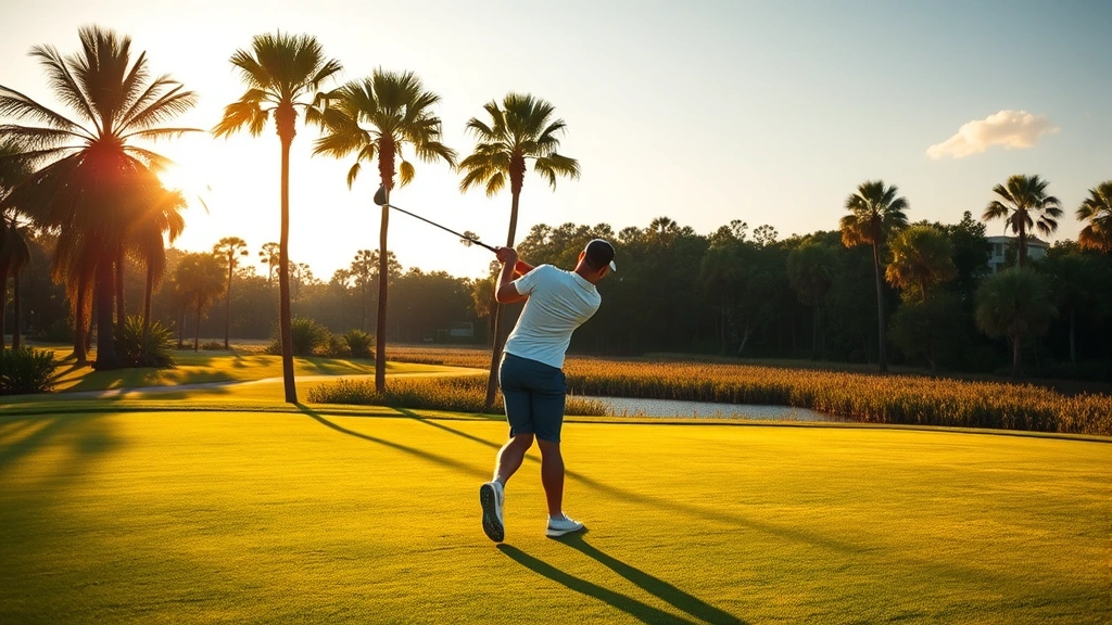 Experienced golfer mid-swing on lush fairway with palm trees and cypress wetlands in background, golden Florida sunlight, natural landscape