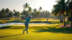 Professional golfer mid-swing on manicured fairway with water hazard and palm trees in soft morning light