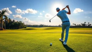 Professional golfer executing a perfect golf swing on a pristine fairway with lush green grass and blue sky, morning sunlight, natural Florida landscape in background, realistic photography