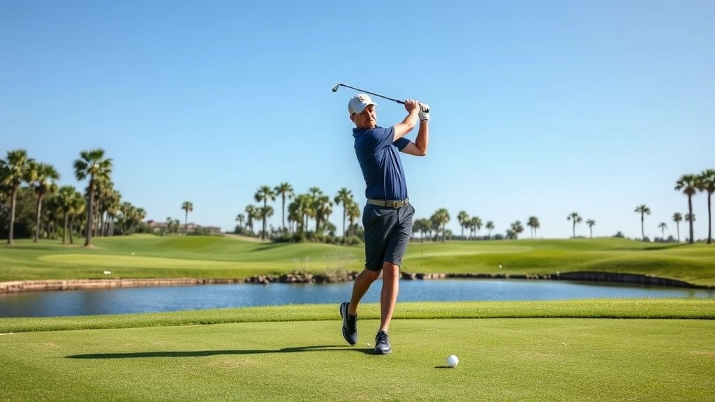 Professional golfer mid-swing on lush fairway with water hazard visible, Florida palm trees in background, clear blue sky, natural daylight