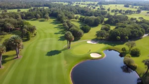 Aerial view of lush green fairway with native Florida trees and water hazard, pristine manicured golf course landscape under bright sunshine, golfers playing in distance