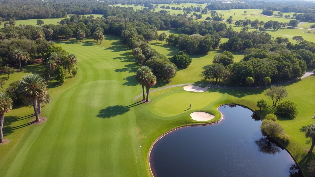 Aerial view of lush green fairway with native Florida trees and water hazard, pristine manicured golf course landscape under bright sunshine, golfers playing in distance