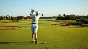 Professional golfer mid-swing on fairway with Florida landscape in background, clear sky, natural lighting, confident posture, wellmaintained grass