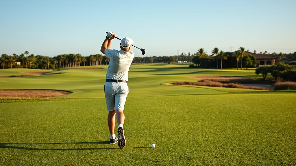 Professional golfer mid-swing on fairway with Florida landscape in background, clear sky, natural lighting, confident posture, wellmaintained grass