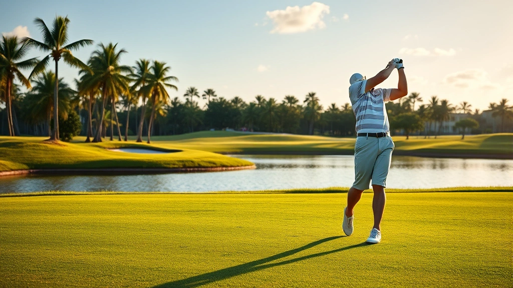 Golfer mid-swing on fairway with water hazard and palm trees in background, morning sunlight, Florida landscape, realistic photography