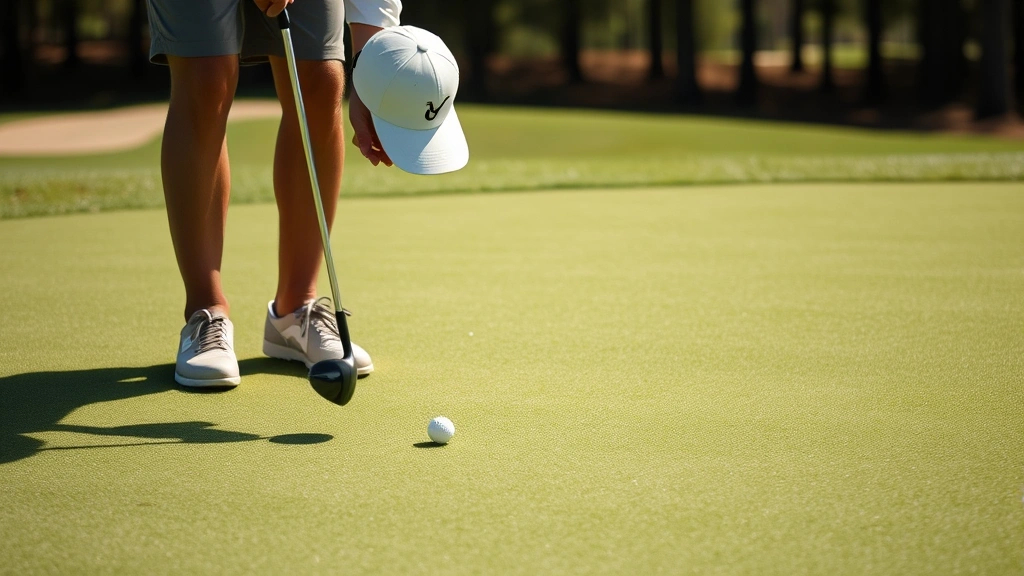Golfer analyzing green contours and reading putting line with focused concentration, undulating green surface with subtle breaks visible, natural daylight illuminating the detailed topography