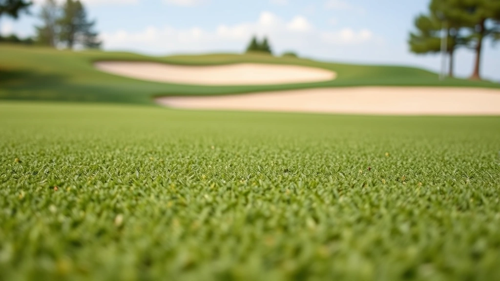 Photorealistic close-up of a pristine golf green with smooth putting surface, sand bunker visible in background, professional course maintenance perspective, natural lighting, no text