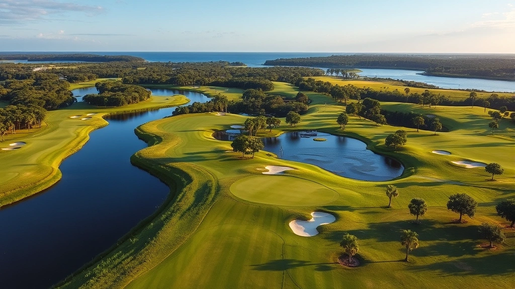 Aerial view of well-maintained golf course in San Carlos with fairways, bunkers, and water hazards, golfers playing on distant holes, lush Florida landscape