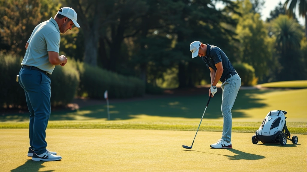 Golfer practicing pre-shot routine with visible focus and concentration on practice green, showing proper putting stance and alignment during preparation session