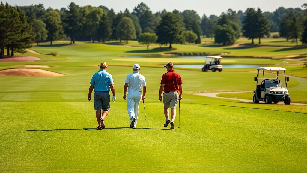 Golfers walking together on well-maintained fairway with manicured greens ahead, professional golf carts visible, serene course scenery with water features