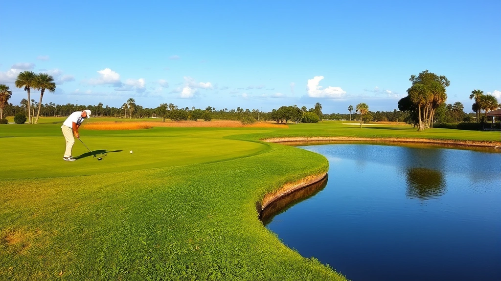 Golfer practicing on fairway with perfectly maintained grass, water feature reflecting blue sky, natural Florida landscape background