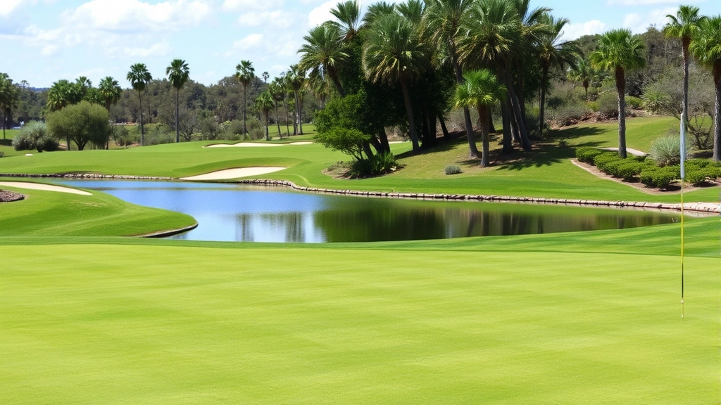 Well-maintained golf course green with manicured grass, sand bunkers visible, water hazard reflecting sky, palm trees and native vegetation surrounding, professional course conditions, sunny day