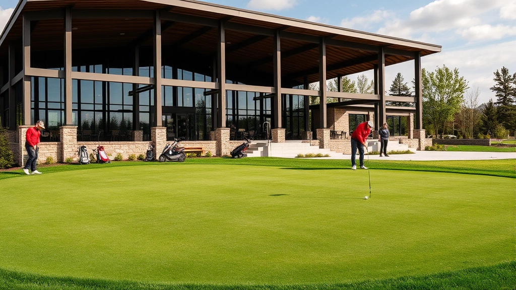 Modern golf clubhouse building with covered patio area, practice putting green in foreground, golfers warming up with equipment, professional facility grounds