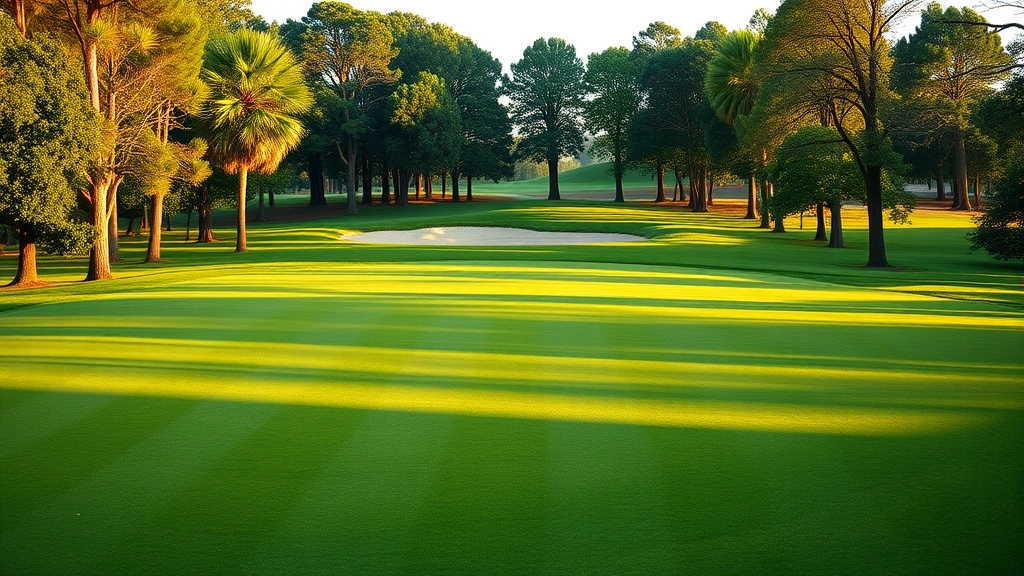 Wide view of golf course fairway stretching toward green with water hazard visible, mature trees framing hole, morning light conditions, pristine turf