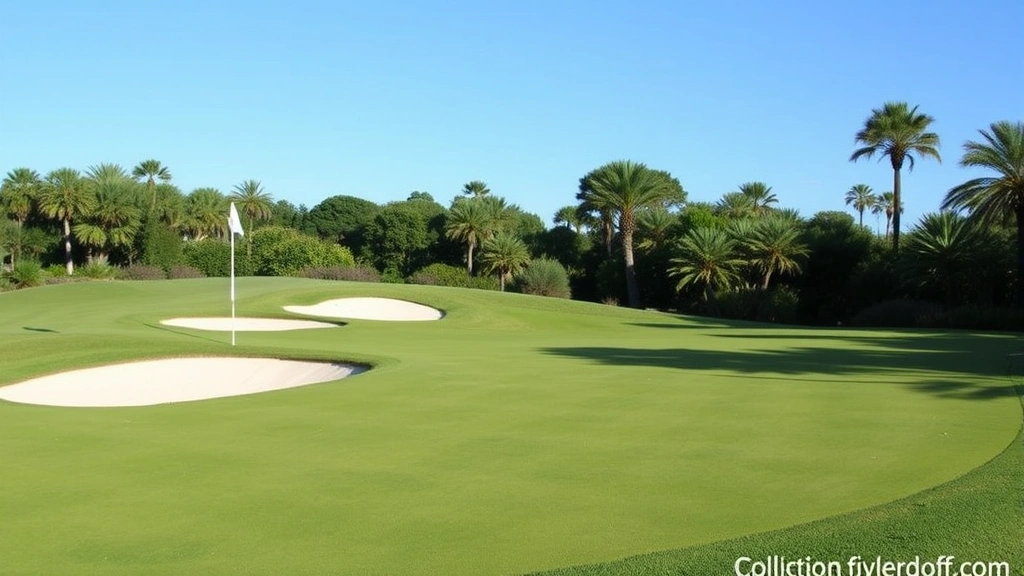 Putting green with undulating surface, sand bunkers visible, manicured grass and native Florida vegetation surrounding, clear blue sky, daytime lighting