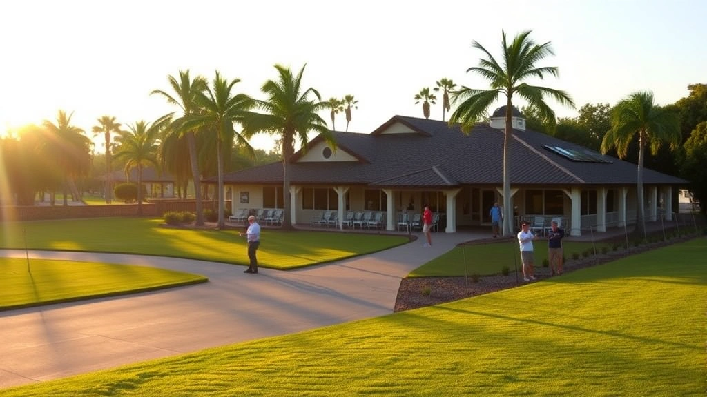 Clubhouse and practice facility with driving range, golfers warming up, palm trees, well-maintained grounds, late afternoon golden light, welcoming atmosphere