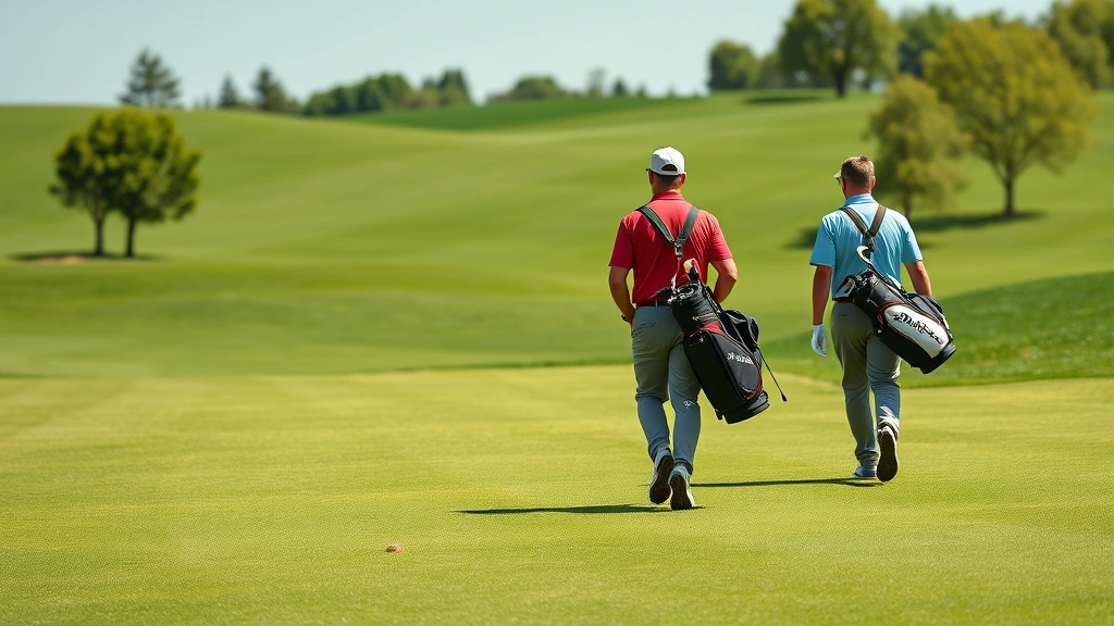 Photorealistic image of golfers walking on a fairway carrying golf bags, lush green course landscape, clear weather, recreational golf experience, no text or numbers visible
