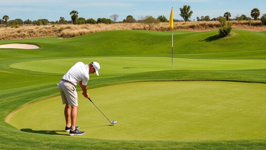 Golfer practicing short game near practice green, chipping toward flag with sand bunker nearby, focused concentration, professional golf facility setting