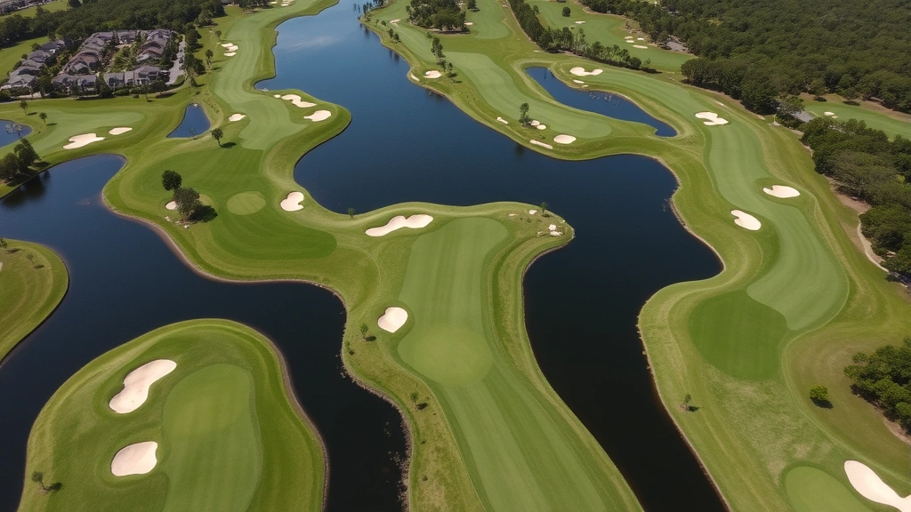 Wide aerial view of 18-hole golf course with water hazards, manicured greens, fairways, sand bunkers, Florida landscape, natural terrain