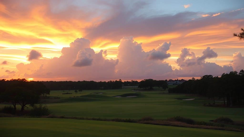 Sunset view across pristine golf course with clubhouse in distance, dramatic Florida sky, peaceful golfing environment with natural vegetation