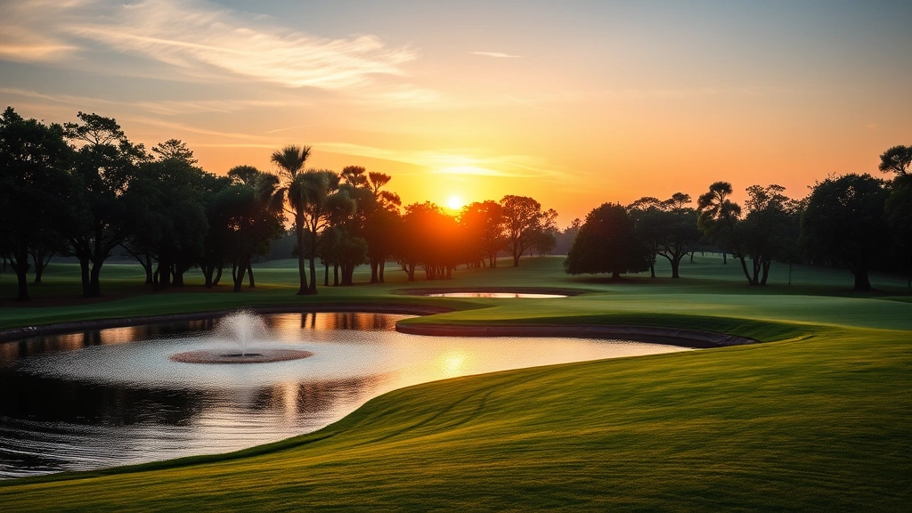 Sunset over scenic golf course with strategic water hazard, mature trees lining fairway, peaceful golden hour lighting creating tranquil atmosphere