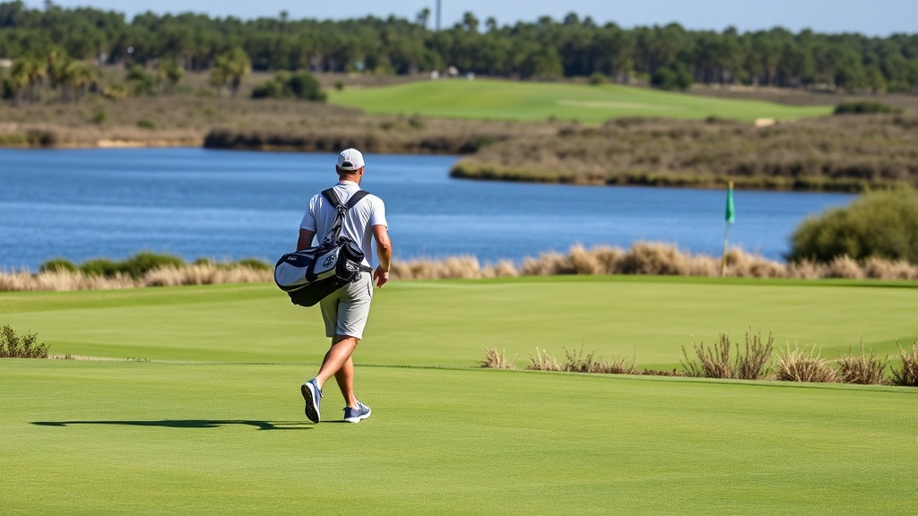 Golfer walking fairway carrying golf bag, scenic Florida landscape with water features, natural vegetation, clear sky, realistic outdoor setting, peaceful course environment