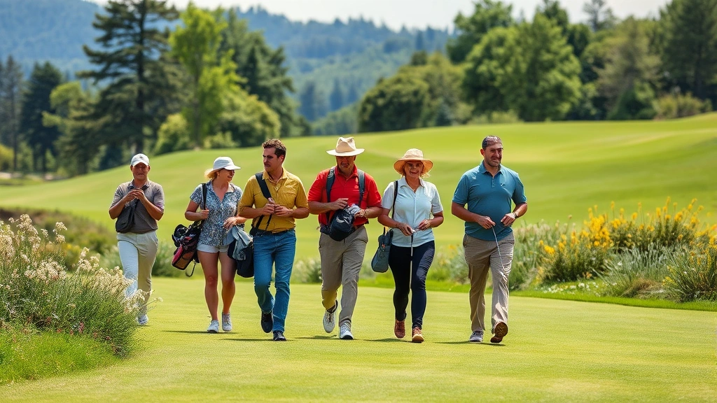 Group of diverse golfers walking on fairway with golf bags, relaxed recreational atmosphere, beautiful course scenery, natural vegetation surrounding