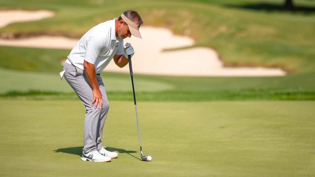 Golfer studying putt on well-maintained green with sand bunkers visible in background, focused expression, professional course setup, natural daylight