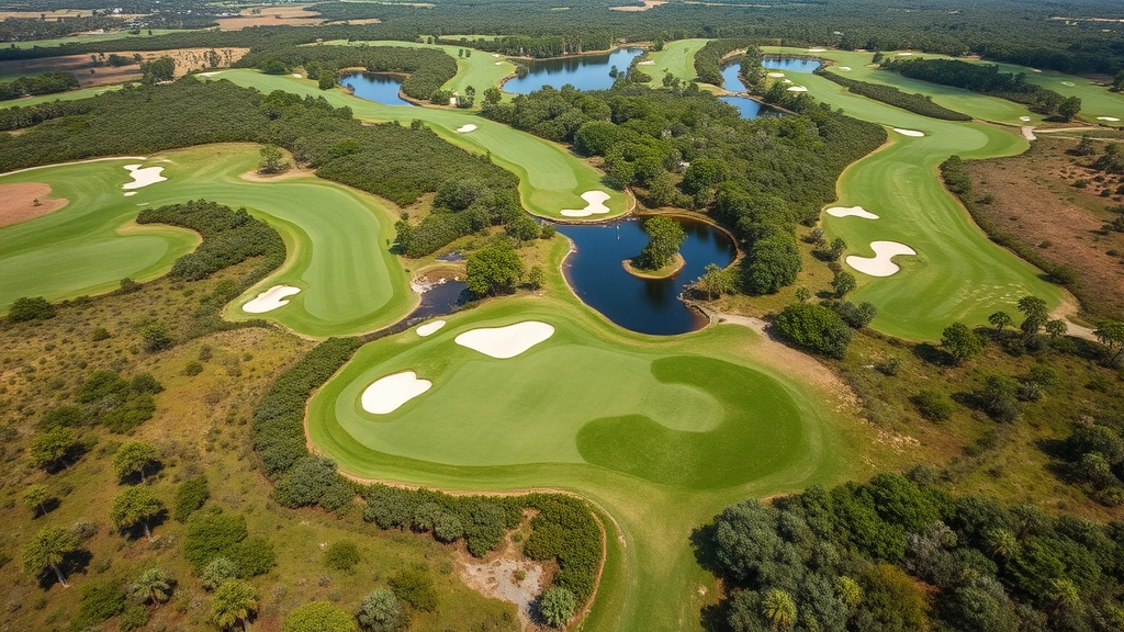 Golf course landscape showing multiple holes, native palmetto plants, water features, fairways and rough areas, wide aerial perspective, natural Florida terrain