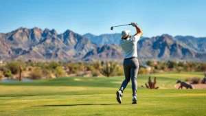 Golfer mid-swing on fairway with Arizona desert landscape, mountains in background, clear blue sky, natural sunlight, professional posture and follow-through