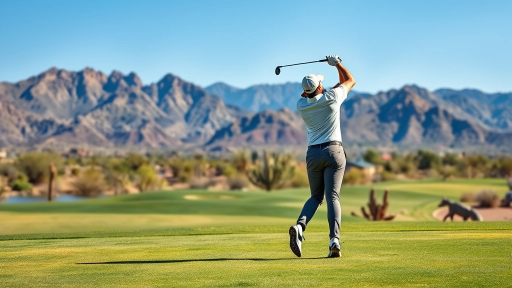 Golfer mid-swing on fairway with Arizona desert landscape, mountains in background, clear blue sky, natural sunlight, professional posture and follow-through