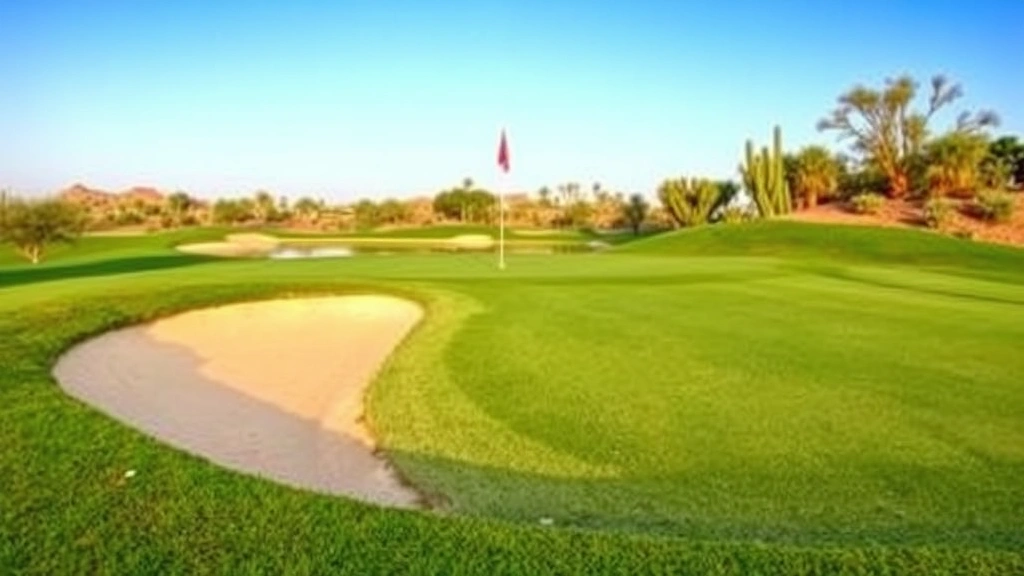 Golf course green with sand bunker, flag stick visible, well-maintained turf, water feature reflecting blue sky, desert vegetation framing hole, morning light