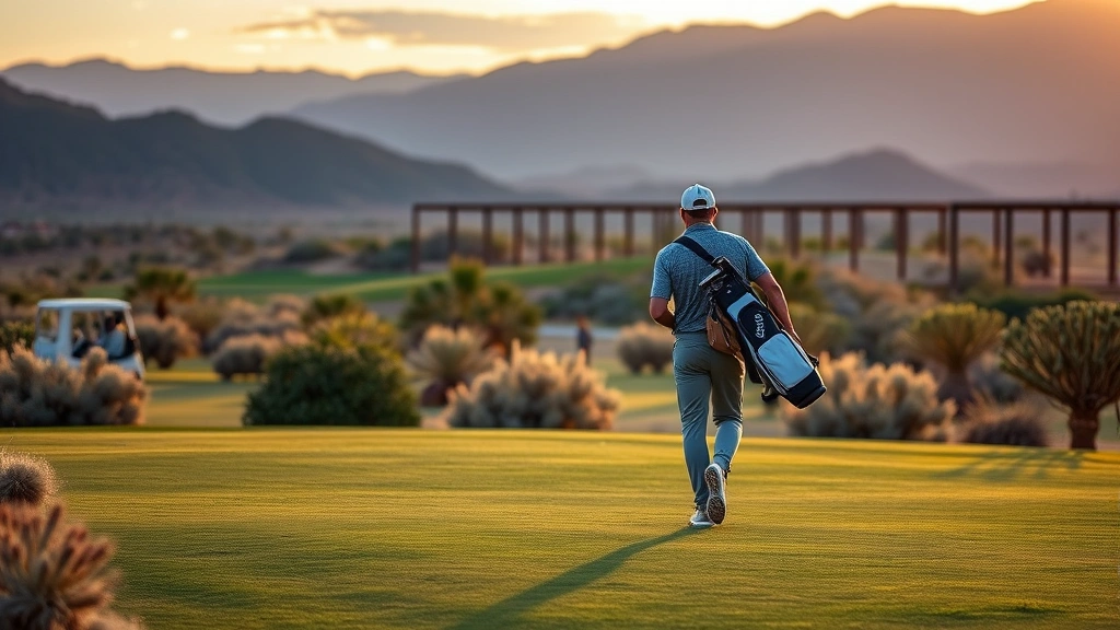 Golfer walking fairway carrying bag with caddy, desert landscape with native plants, distant mountains, golden hour lighting, peaceful recreational atmosphere